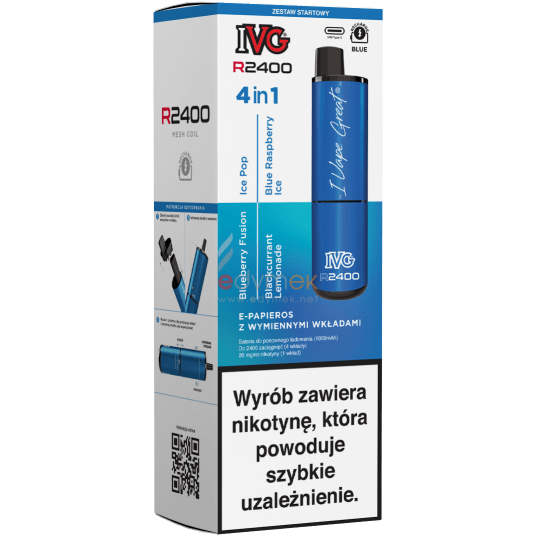 IVG 2400 vape, 4-in-1 e-papieros, system wielu kartridży, obracany mechanizm vape - IVG 2400 Starter Kit Blue x 4 flavours - IVG 2400 / E ...