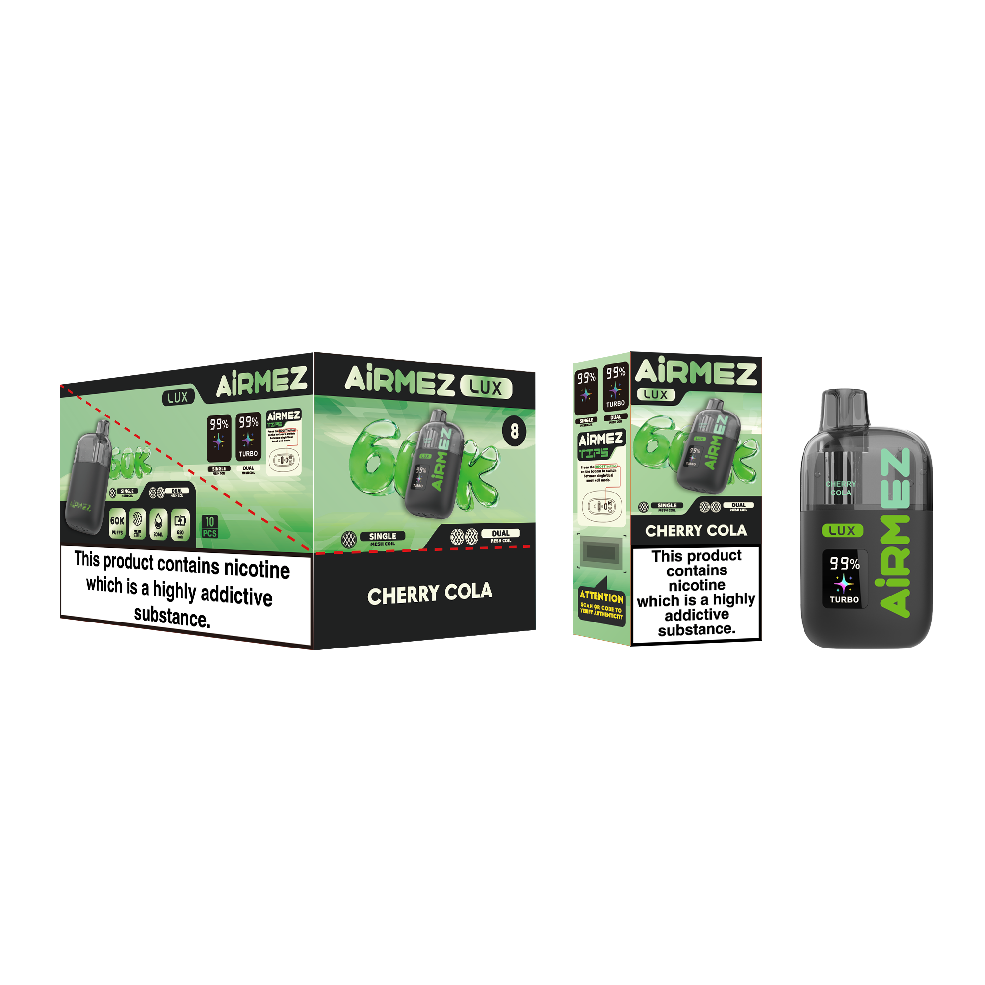 Airmez LUX konstrukcja, dual mesh coil schemat, e-papieros ładowanie Type-C, bateria 650 mAh, Cherry Cola vape smak - Airmez LUX 60000 Vape