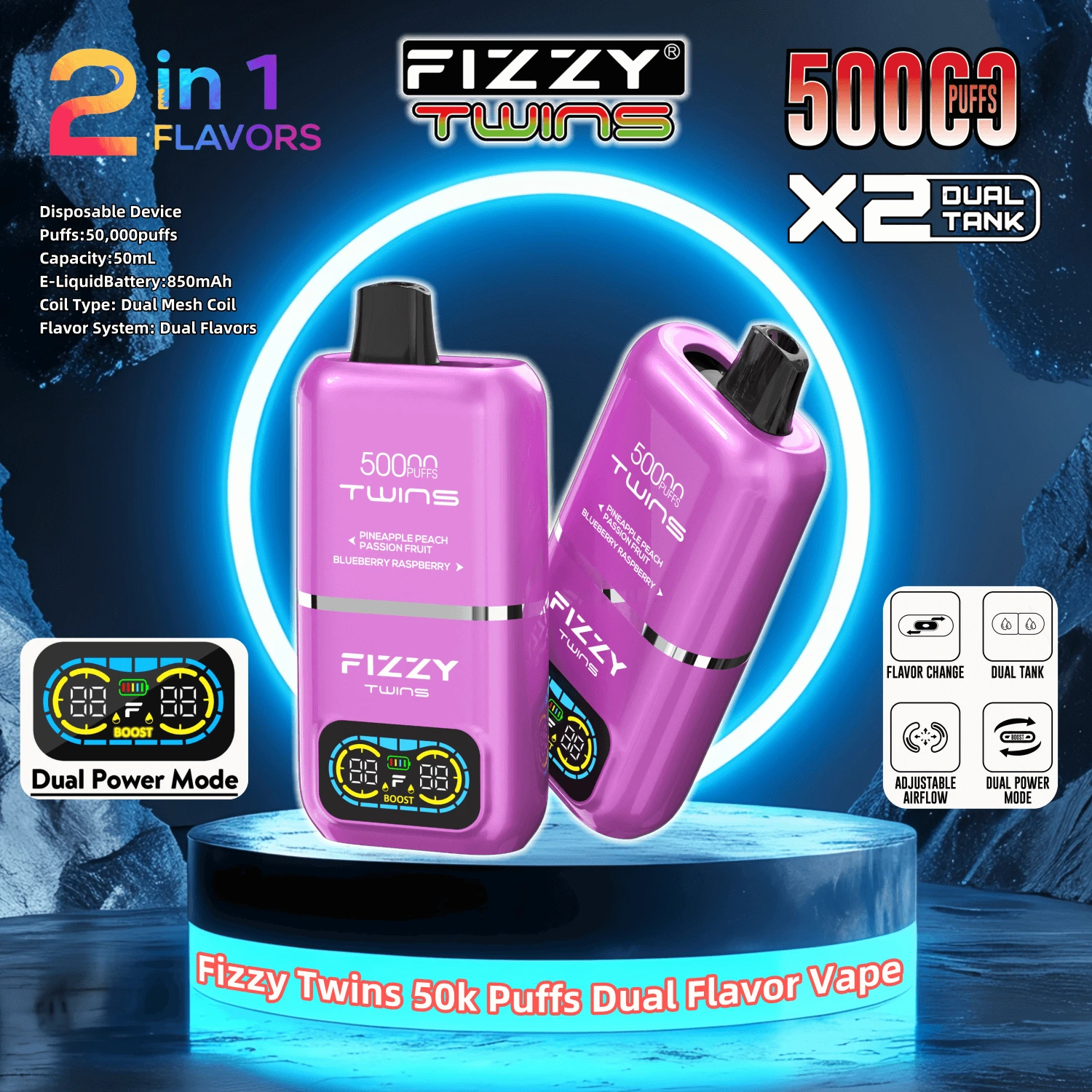 Fizzy Twins 50000 e-papieros, dual flavor vape, ciężki solidny vape 50ml liquid, zaawansowany e-papieros - Fizzy Twins 50000 50 tys. zaciągnięć, podwójne smaki ...