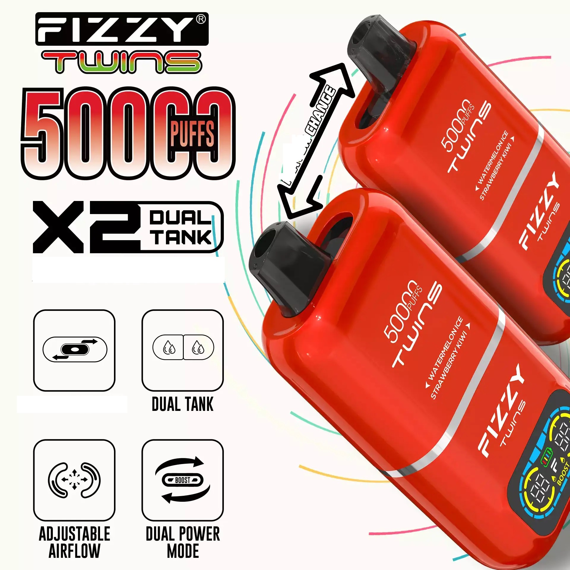 Fizzy Twins 50000, e-papieros 50ml liquid, duża pojemność vape, dwa zbiorniki vape 25ml, gigantyczny vape - Fizzy Twins 50000 50 tys. zaciągnięć, podwójne smaki ...