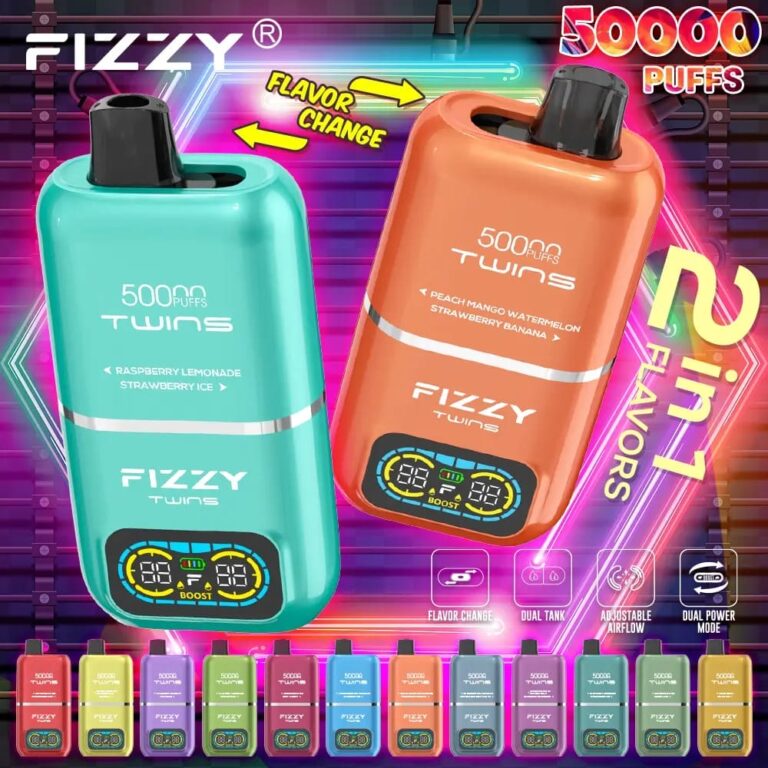 e-papieros z ekranem LED, wyświetlacz vape poziom płynu bateria, Smart LED e-papieros Fizzy Twins - Fizzy Twins 50000 50 tys. zaciągnięć, podwójne smaki ...