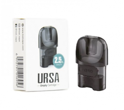 Urządzenie Lost Vape Ursa z wyjętym przezroczystym kartridżem, obok którego widoczna jest mała butelka z płynem (liquidem), symbolizujące możliwość wielokrotnego napełniania.