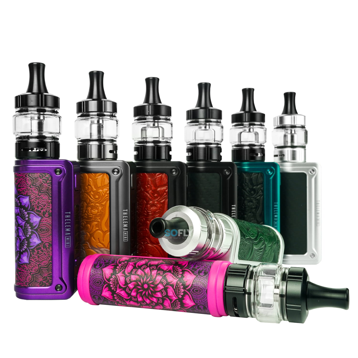 Obrazek przedstawiający duży, ciężki e-papieros typu box mod z atomizerem z bańkowym szkłem, częściowo rozlany płynem, oraz elementy takie jak akumulatory i ładowarka, symbolizujące niedogodności tradycyjnego vapingu.