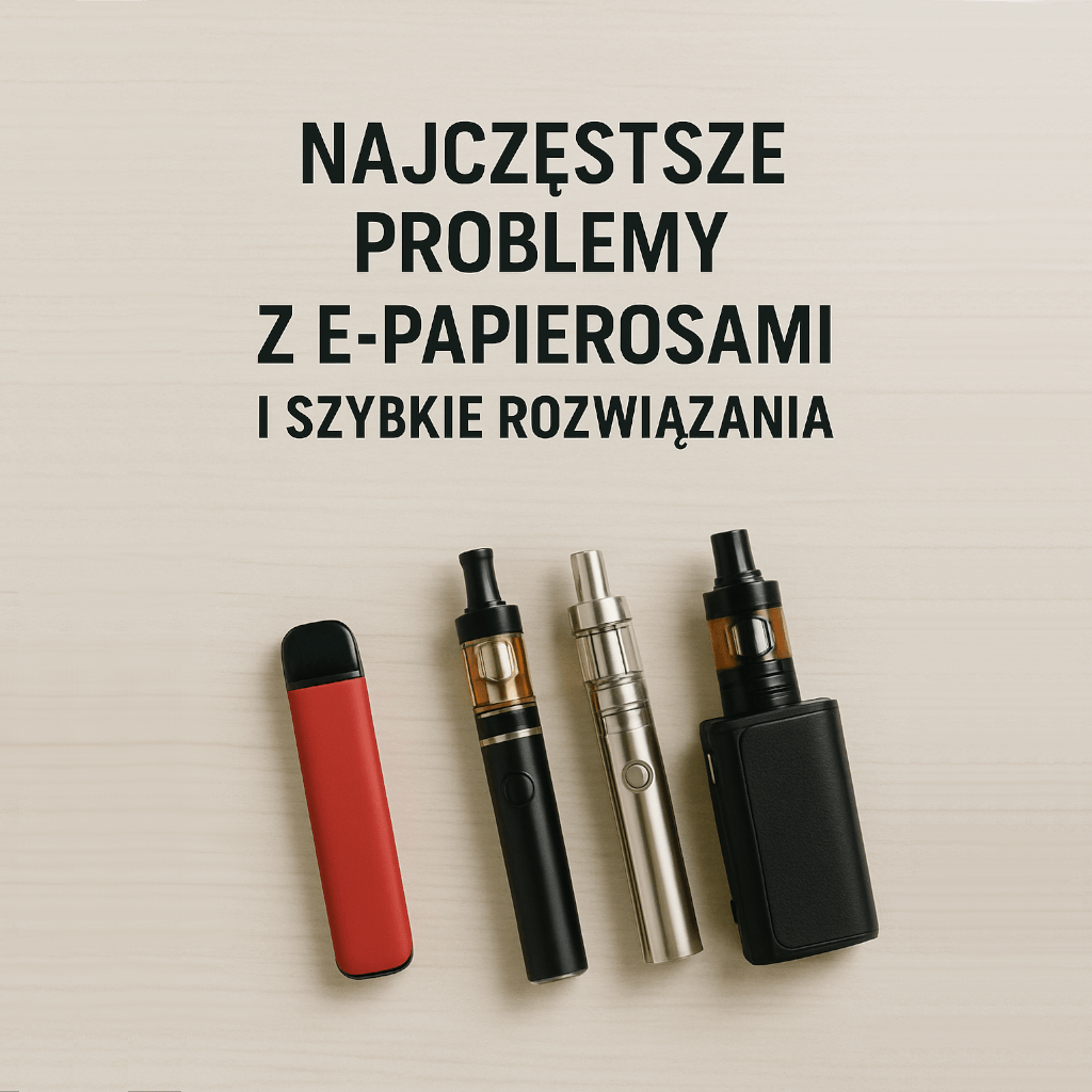Zbliżenie na dłoń trzymającą e-papierosa, z widocznymi mokrymi, lepkimi plamami liquidu na palcach i urządzeniu, symbolizującymi problem z wyciekaniem.
