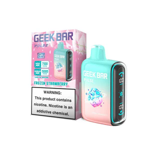 E-papieros Geek Bar Pulse 15000 obok przepalonej grzałki lub wskaźnika niskiego poziomu baterii, symbolizujący problemy z działaniem.