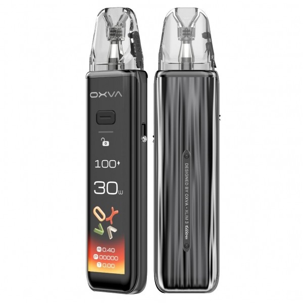 Zbliżenie na nowoczesny e-papieros z cyfrowym ekranem, na którym wyraźnie widać poziom naładowania baterii i pozostałego liquidu. Obok widoczny port ładowania USB-C.