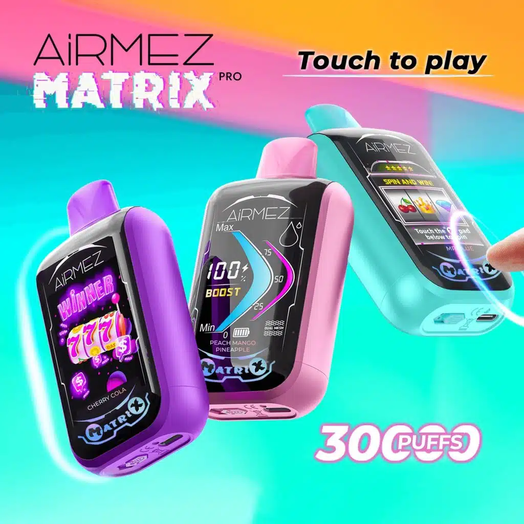 Schemat przekroju e-papierosa Airmez Fox 4w1, ukazujący cztery niezależne, uszczelnione komory na e-liquid, każdą z osobną grzałką mesh, oraz mechanizm obrotowego przełączania smaków.