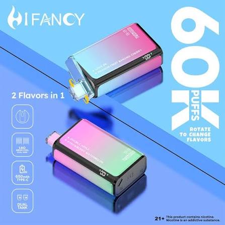 E-papieros hifancy twin max 60000 otoczony świeżymi, soczystymi owocami (np. truskawki, arbuz, borówki) z delikatną, gęstą chmurą pary unoszącą się w tle, podkreślającą wyrazistość smaku.