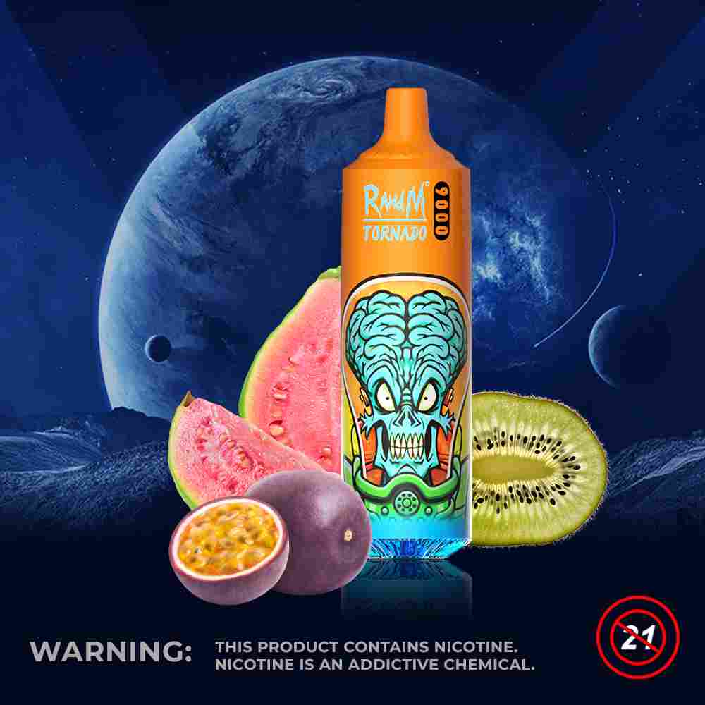 Fumot RandM Tornado 9000 Kiwi Passion Fruit Guava-1 Fumot RandM Tornado 9000 – efektowne podświetlenie RGB, cewka Mesh | vapixo